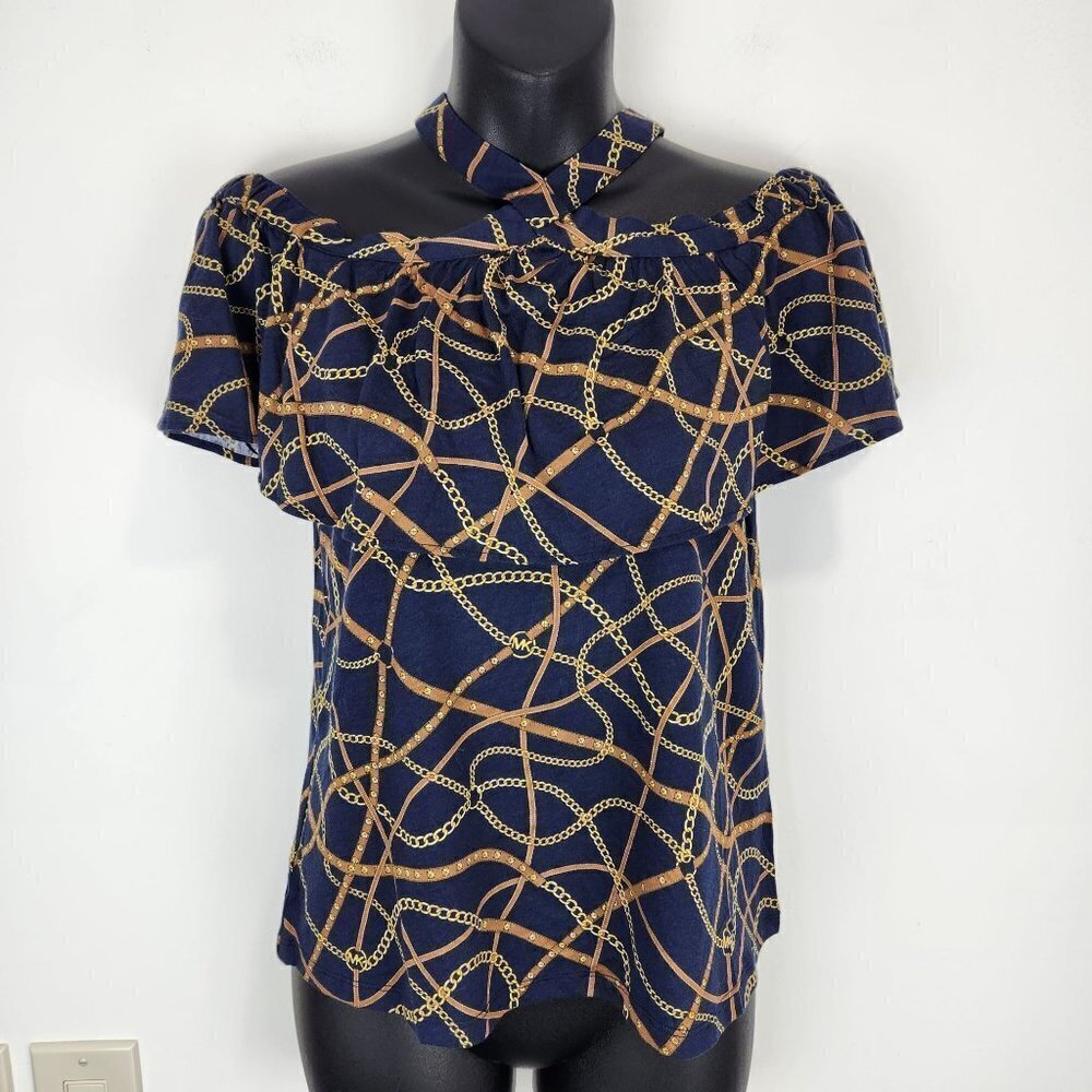 MICHAEL Michael Kors NWT Flounce Halter‎ Neck Blouse XS Blue Equestrian Chain